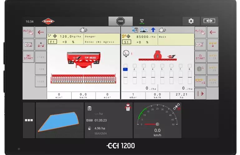 CCI 1200 terminal displaying simultaneously two ISOBUS machines on the screen, a front hopper and a seed drill thanks to the UT double function