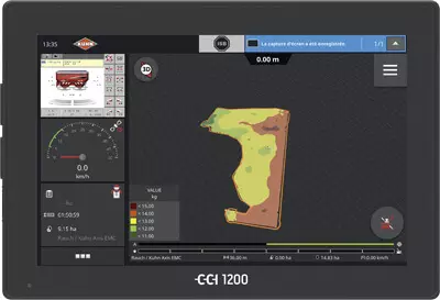 ISOBUS CCI 1200 terminal showing a map of the various application rates using the Task Control application
