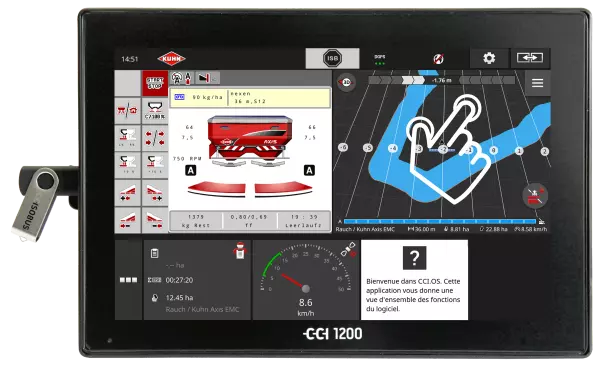 CCI 1200 terminal with a hand representation showing the intuitive browsing thanks to the MultiTouch function.