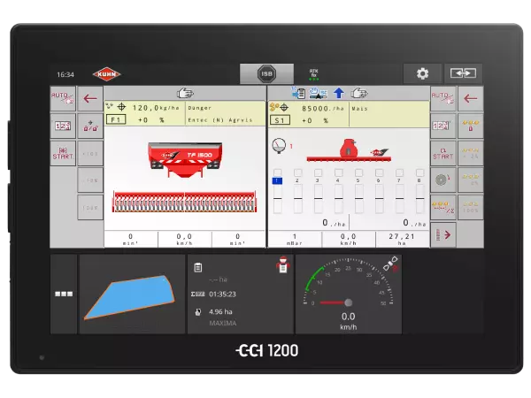 CCI 1200 terminal allows the operator to display and control two ISOBUS machines thanks to the double UT function, in this case, a front hopper and a precision seed drill.