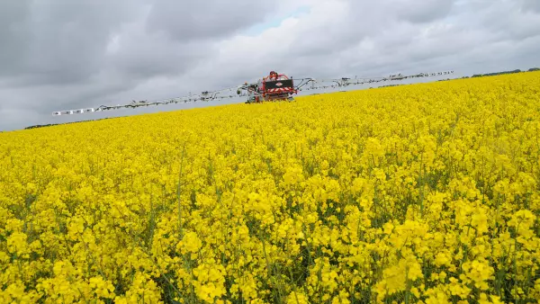 Photo of the DELTIS 2 mounted sprayer at work in a rapeseed field