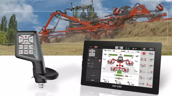 The rake is easy to operate with the CCI 1200 ISOBUS terminal and the CCI A3 joystick