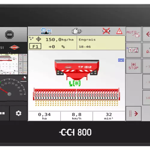 CCI 800 ISOBUS terminal showing a work screen with a TF 1512 front hopper