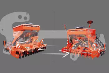 The modular concept of changing the tillage tool in less than 10 minutes between the HR power harrow, the VENTA integrated pneumatic seed drill and the CD disc cultivator with a patented linkage part.